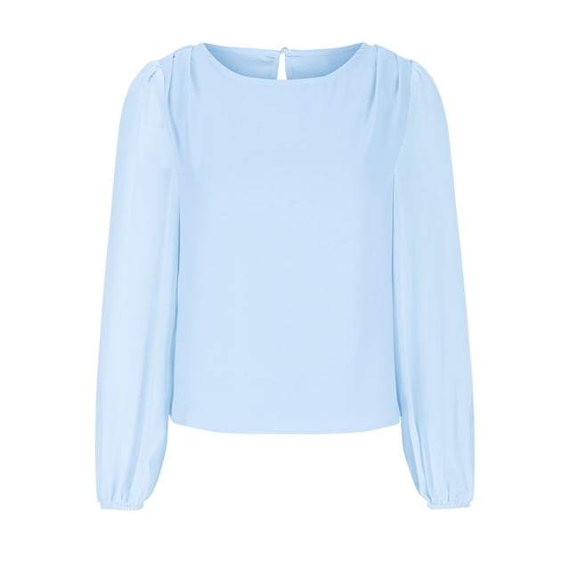 Timegard Womens Tops Chiffon Puff Long Sleeve Crewneck Ruched Back Button Tee Shirts Casual Loose Tops