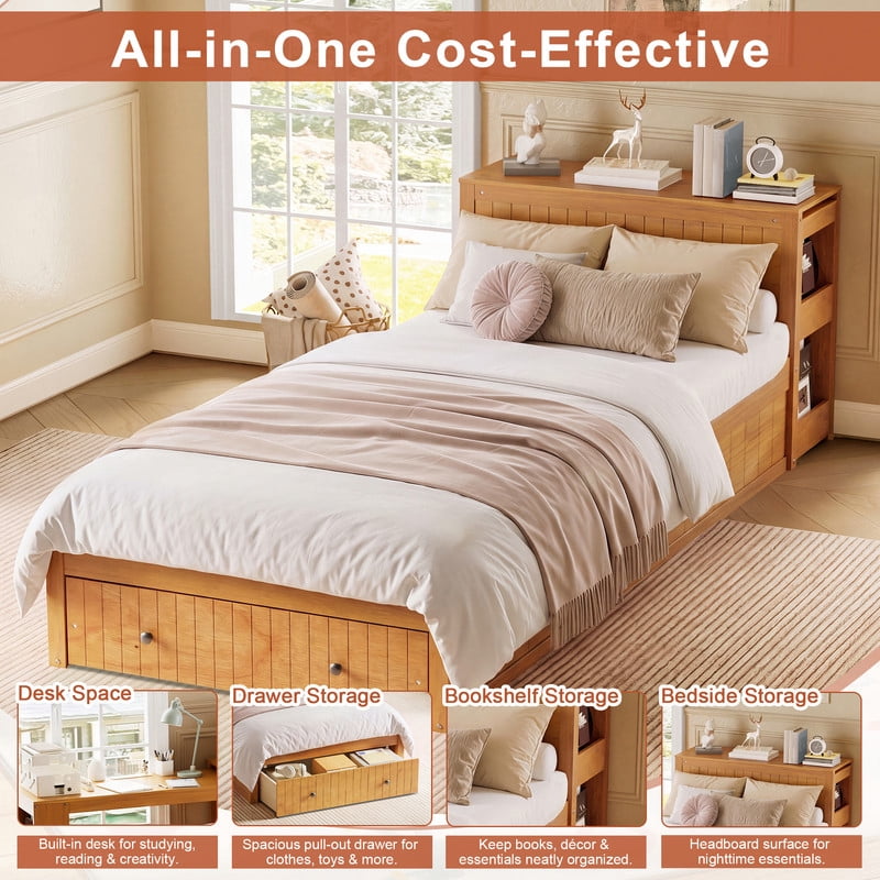Twin Size Platform Bed with Pull-Out Hidden Desk, Wood Storage Bed Frame with Headboard Shelving & Footboard Drawer