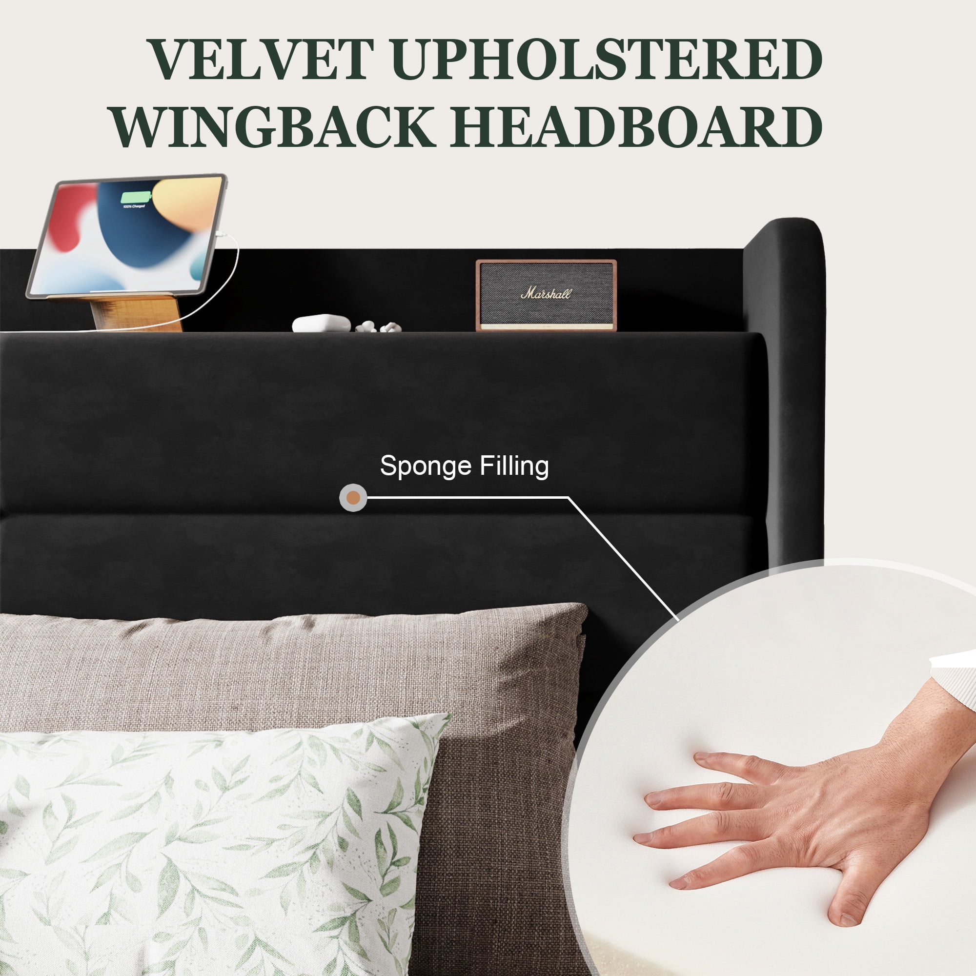 Amolife Full Size Upholstered Platform Bed Frame with Velvet Wingback Headboard & USB Charging Ports, No Box Spring Needed, Black