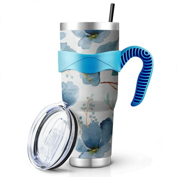 40 Oz Pioneer Tumbler with Handle and Silicone Straws,Colorful Floral Double Wall Vacuum Insulated Stainless Steel Travel Mug Leak-Proof Coffee Cup on Screw Lid and Straw