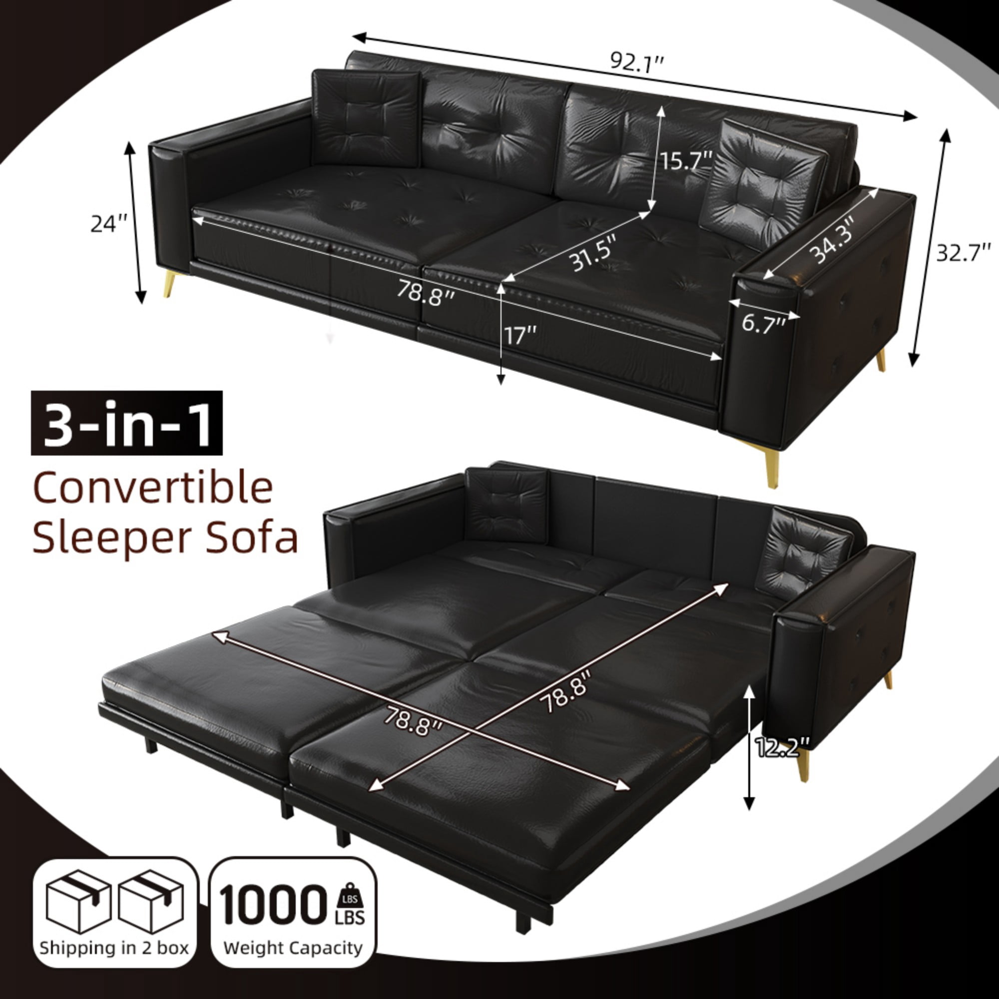 DEALTOPS 92" Modern 4-Seater Faux Leather Pull Out Sofa Bed, King Size 3-in-1 Sleeper with 2 Pillows, Black