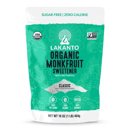 Lakanto Organic Monk Fruit Sweetener - White Sugar Substitute, Zero Calorie, Keto Diet Friendly, Zero Net Carbs, Zero Glycemic, Baking, Extract, Sugar Replacement (Organic Classic White - 1 lb)