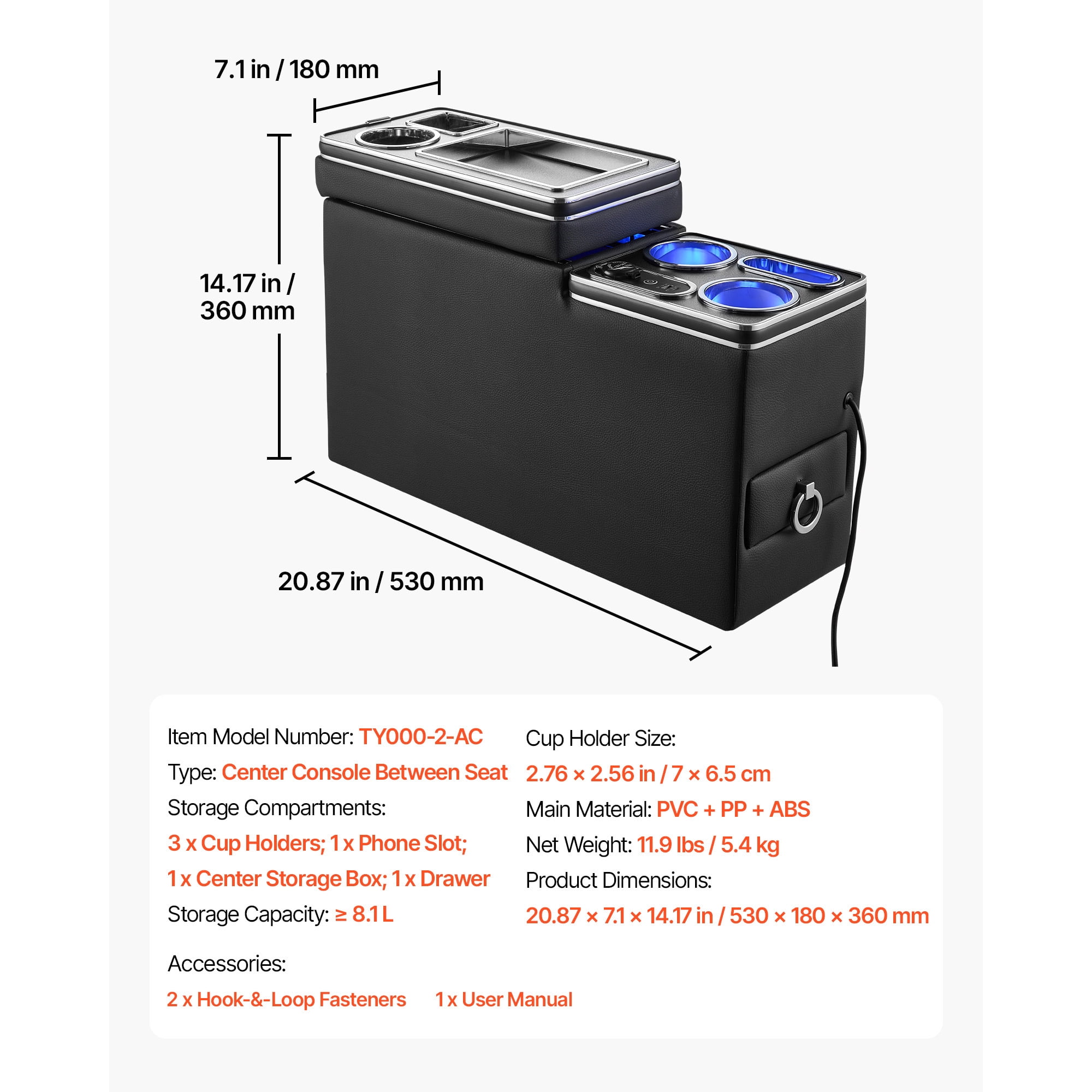 KFFKFF Center Console Storage Box with 7-Color Ambient Lighting, USB/Type-C/Cigarette Lighter Ports, Floor Organizer with Cup and Phone Holders for Trucks, SUVs, and Minivans