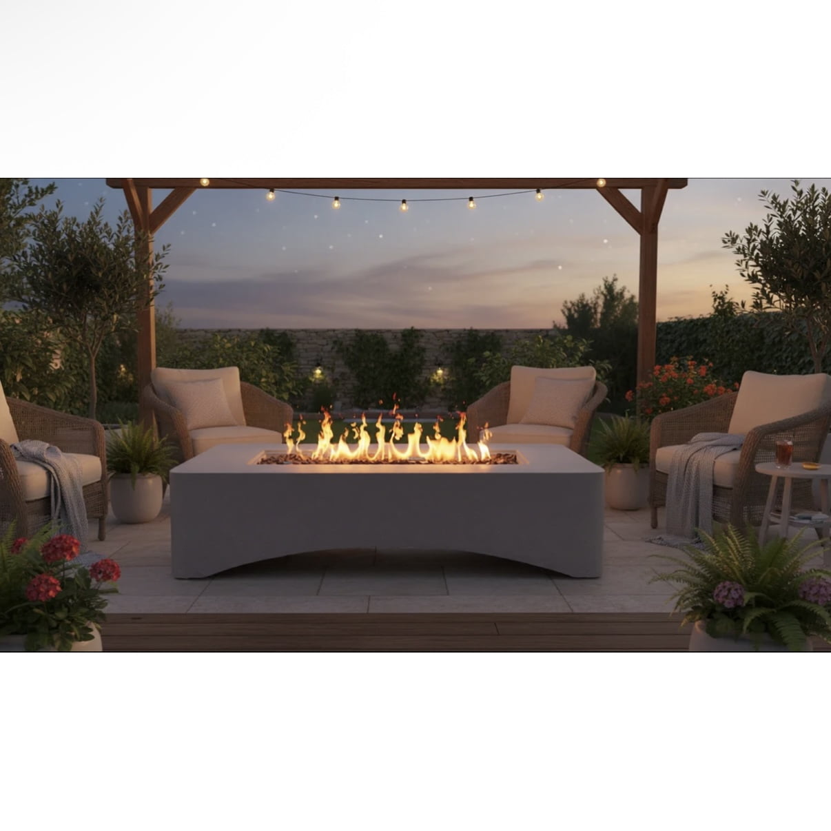 Propane Fire Pit Table, Rectangular Outdoor Gas Fire Pit 50,000 BTU, Modern Minimalist Fire Table for Patio Backyard Deck, Concrete Firepit with Waterproof Cover, Lava Rocks & Tank Seat–Light Grey