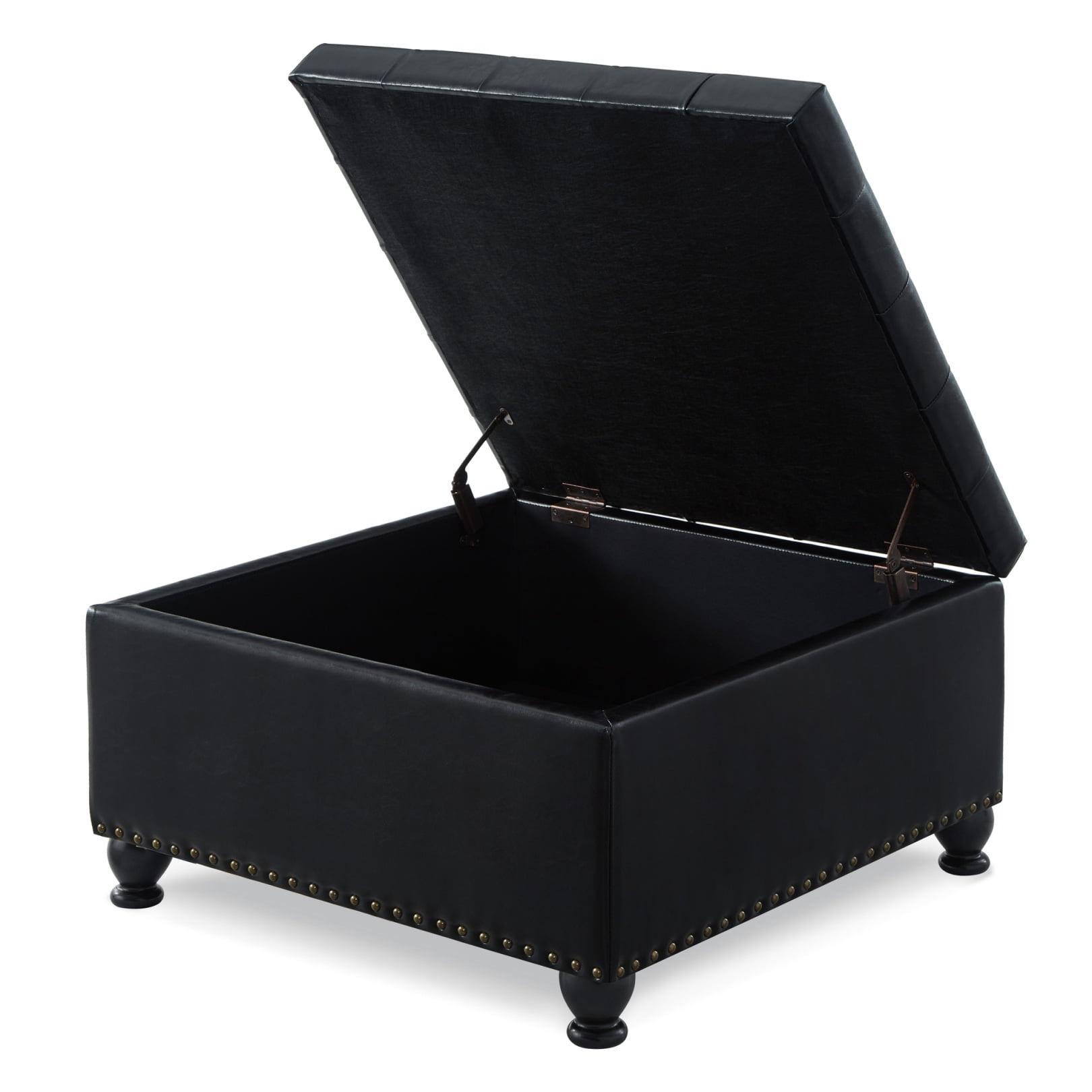 Ottoman with Storage, Large Square Coffee Table with Wooden Legs, Upholstered Button Tufted Storage Ottoman, Coffee Tables with Nail Trims for Living Room Bed Room Apartment, Black PU