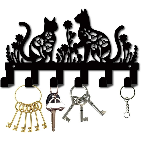 Metal Cat Key Holder Decorative Coat Hooks Wall Mount Keys Organizer Clothes Bag Rack with 6 Hooks Hanger Storage Iron Wall Art Decor