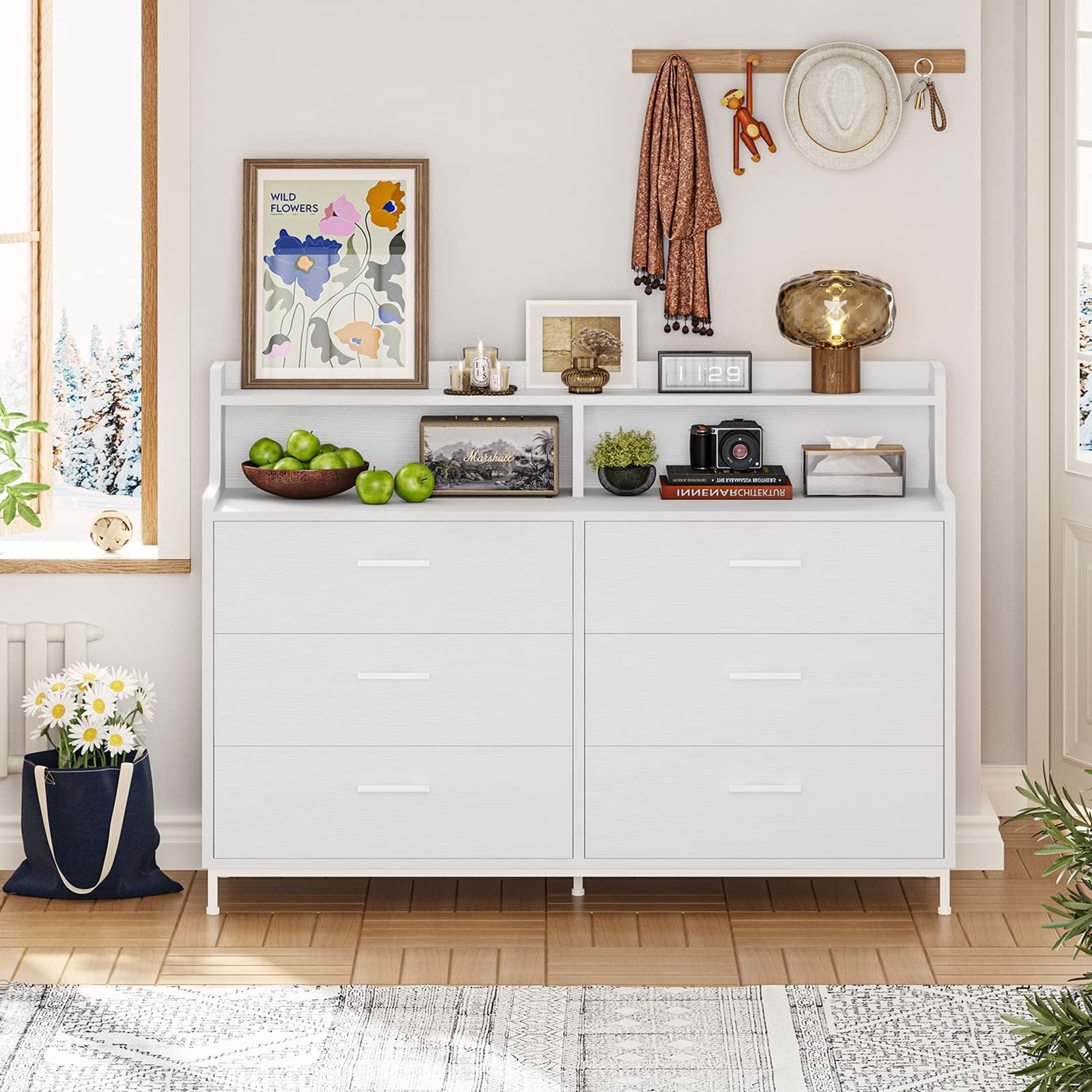 6 Drawers Double Dresser with Shelves for Bedroom, Modern Chest of Drawers Storage Tower Organizer for Living Room Entryway, White