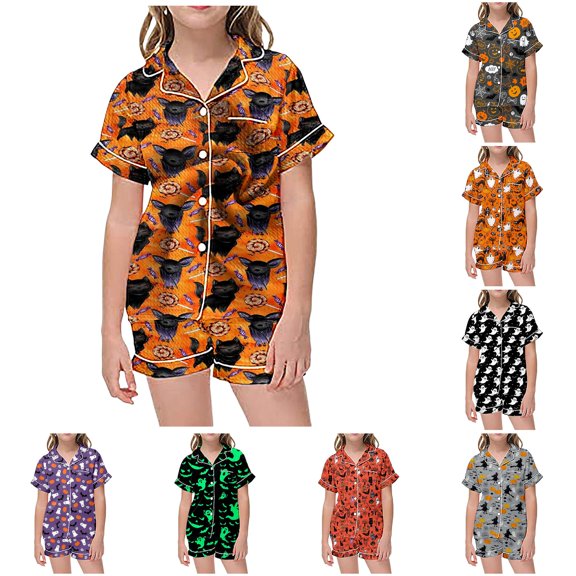 REDARER Kids Two Piece Button Front Sleepwear Set Lapel Short Sleeve Top Matching Shorts All Over Ghost Print Soft Pocket PJs for Halloween Loungewear Night Dress Up,10-11 Years