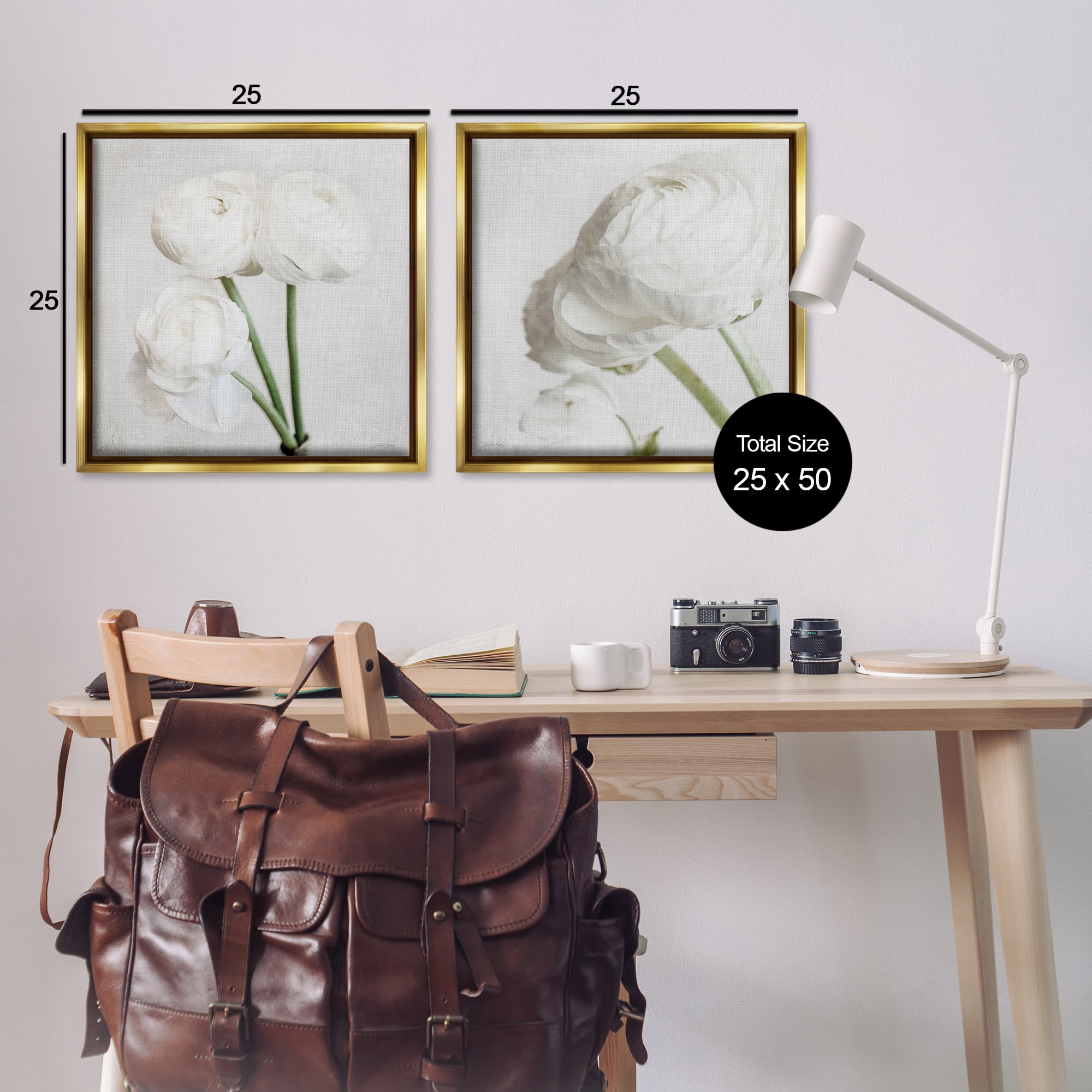 Stupell Industries Simple White Peony Stems Plants & Flowers Painting Gold Floater Framed Canvas Art Print Wall Art, 25 x 25, Set of 2