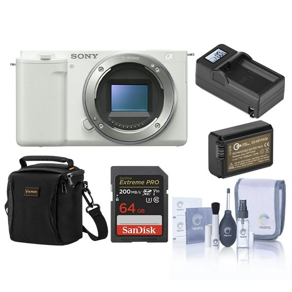 Sony ZV-E10 Mirrorless Camera, White, Bundle with 64GB Memory Card, Li-Ion Battery and Shoulder Bag