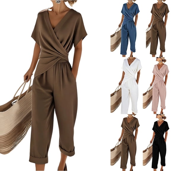 Two Piece Outfit for Women Wrap V Neck Short Sleeve Top and Cropped Harem Pants Casual Workwear Office Tracksuit with Pockets Coffee S