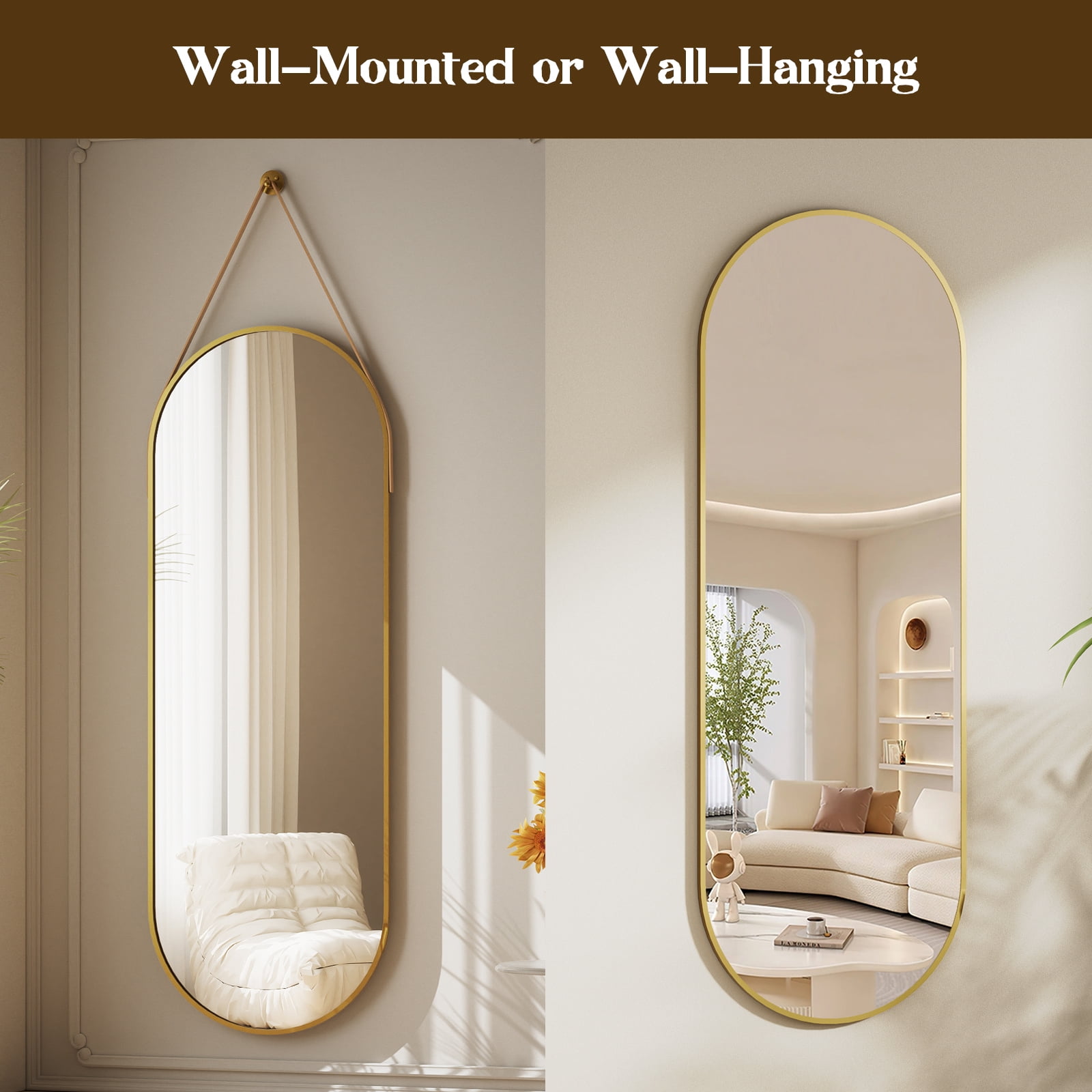 Easy4Home 48"x16" Oval Wall Mirror Full Length Mirror with Leather Hanging Strap, Gold