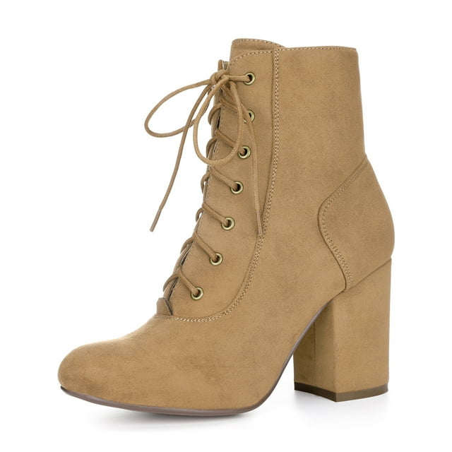 Unique Bargains Bottines à Lacets à Talon Haut Épais à Bout Rond pour Femmes