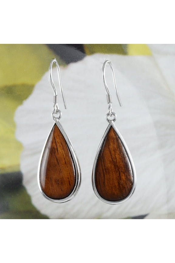 Gorgeous Hawaiian X-Large Genuine Koa Wood Rain Drop Earring, Sterling Silver Koa Wood Dangle Earring, E8428 Statement PC, Birthday Mom Gift