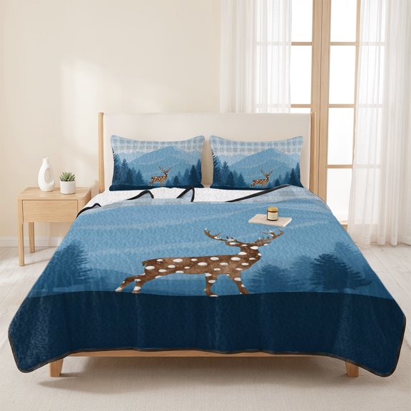 3 Pieces Queen Quilt Set,Forest Polka Dot Deer Tree Soft Bedding Sets with 1 Quilt & 2 Pillow Shams,Blue Mountain Buffalo Plaid Summer Bedspread Lightweight Coverlet Comforter