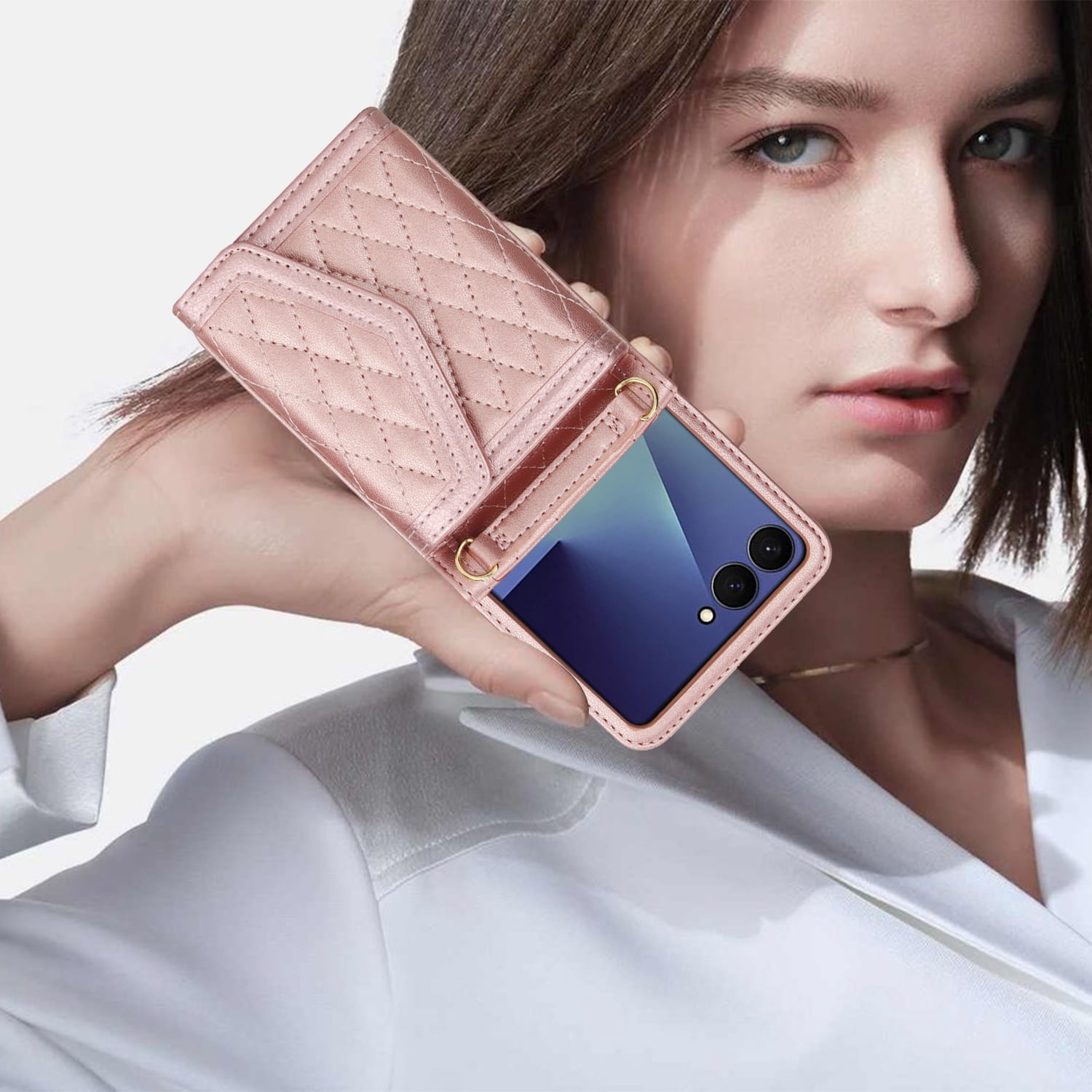 ShellTech for Samsung Galaxy Z Flip 7 PU Leather Flip Case with Wrist Strap, RFID Blocking PU Leather Crossbody Wallet Phone Case with Card Slot Cash Pocket Kickstand Case Cover,Rosegold