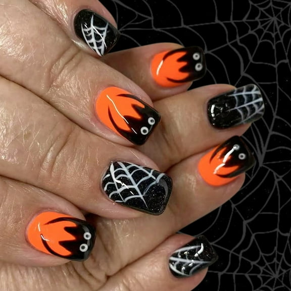 Short Square Sparkling Artificial Nails Halloween Black Cobweb Pattern 24Pieces Press On Tip