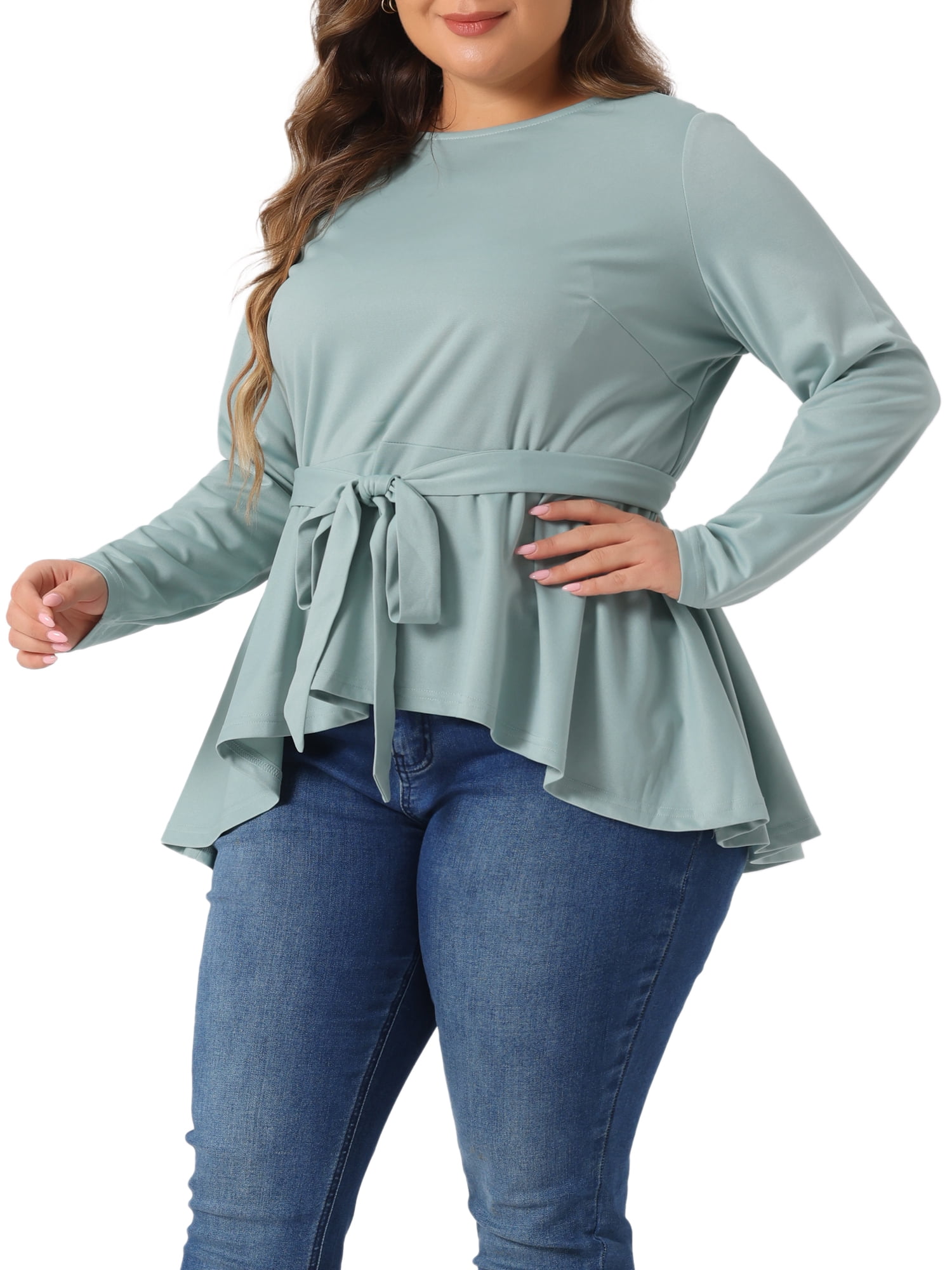 DARING DIVA Women's Plus Asymmetrical Hem Crew Neck Blouse 2X Gray Green
