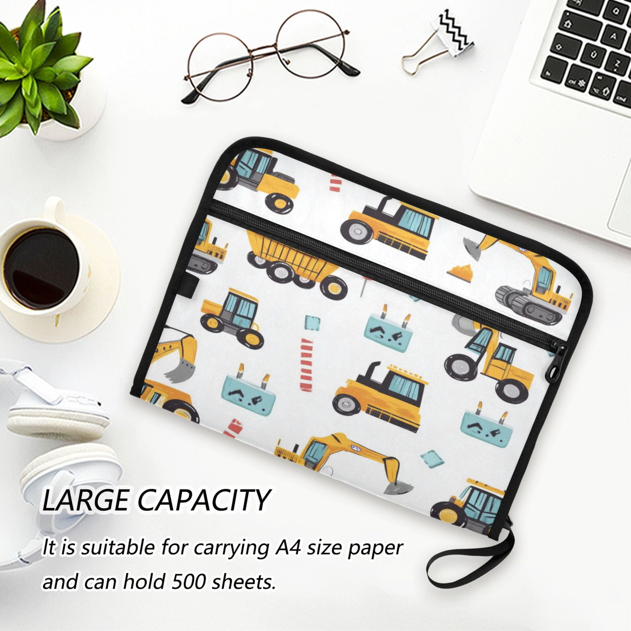 Accordion File Organizer with Zip Closure 13 Pockets Expanding File Folder Letter A4 Paper Document Organizer for Home Office Construction Trucks and Excavators