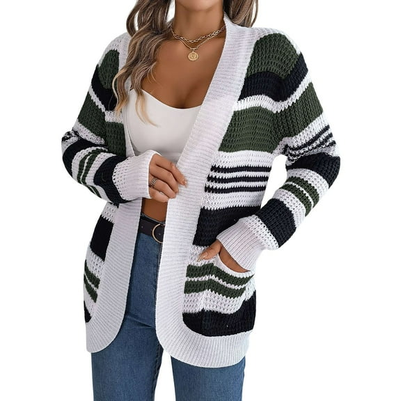 Women'S Color Block Striped Cardigan Casual Fall Winter Open Front Knit Cardigan Sweaters with Pockets  Green L