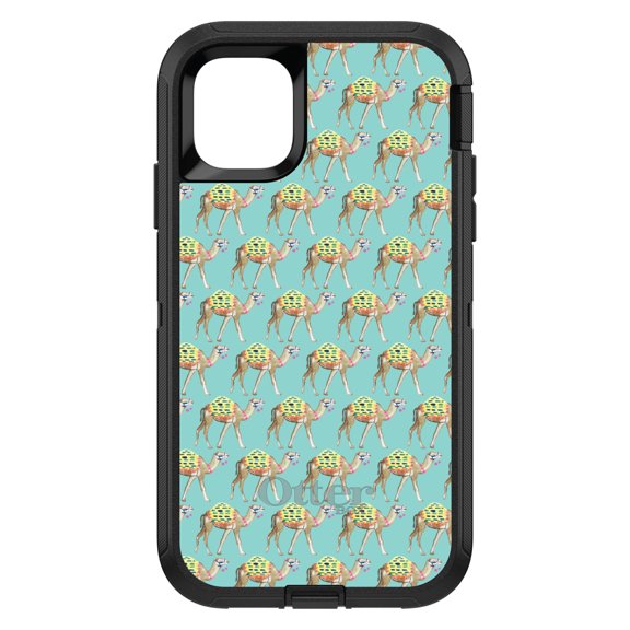 DistinctInk OtterBox Defender Custom Case for Apple iPhone 15 (6.1" Screen) - Camels on Teal Background - Tempered Glass Back