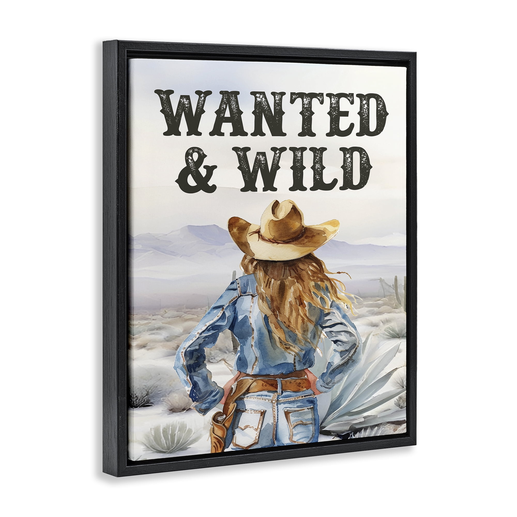 Stupell Industries Wanted & Wild Cowgirl People Painting Black Floater Framed Canvas Art Print Wall Art, 25 x 31
