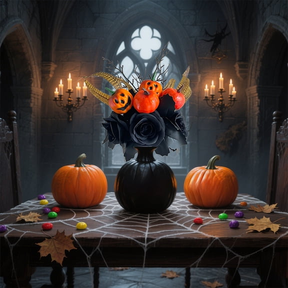 18.50x9.44 Inch Halloween Black Rose Maple Leaf Pumpkin Cuttings Bouquet for Halloween Party Thanksgiving Decoration