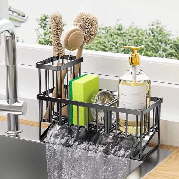Songsun Kitchen Sink Organizer with High Brush Holder - 304 Stainless Steel Sponge & Soap Dispenser Caddy, Rustproof Countertop Sink Organizer for Kitchen Decor