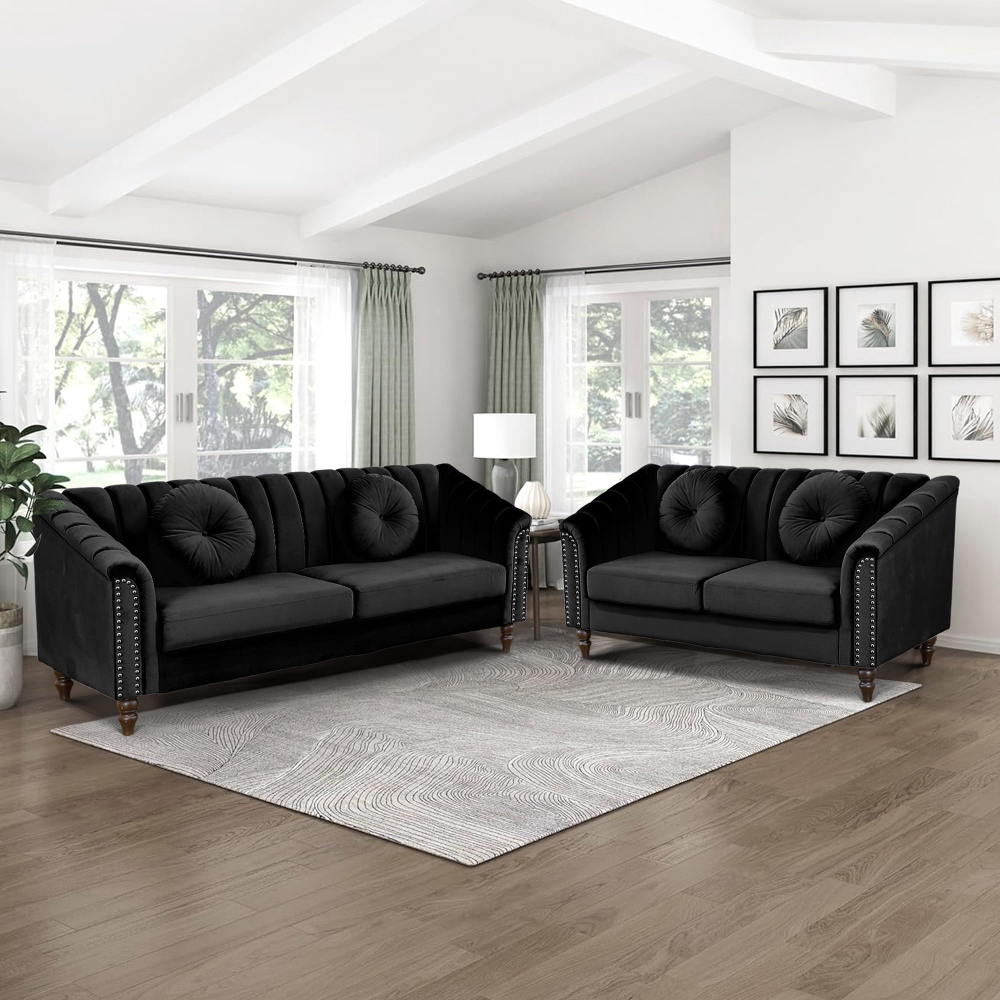Aukfa 2 Pieces Sectional Sofa Couch Set, 21" Deep Seat Sofa for Living Room, 3 Seat Sofa, Loveseat,Black