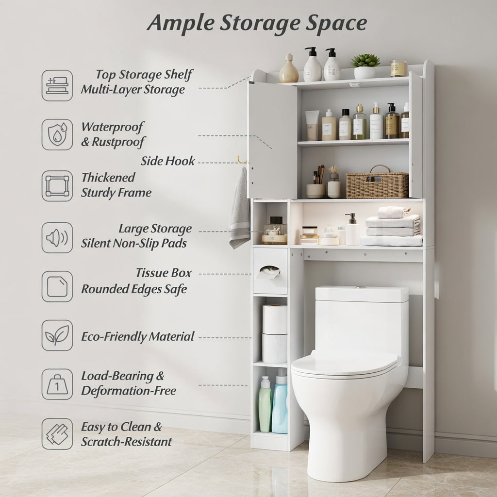 Hommoo Over-the-Toilet Storage Cabinet with LED Lighting, Adjustable Shelves & Wall-Mount Safety Kit, Freestanding Bathroom Organizer, White