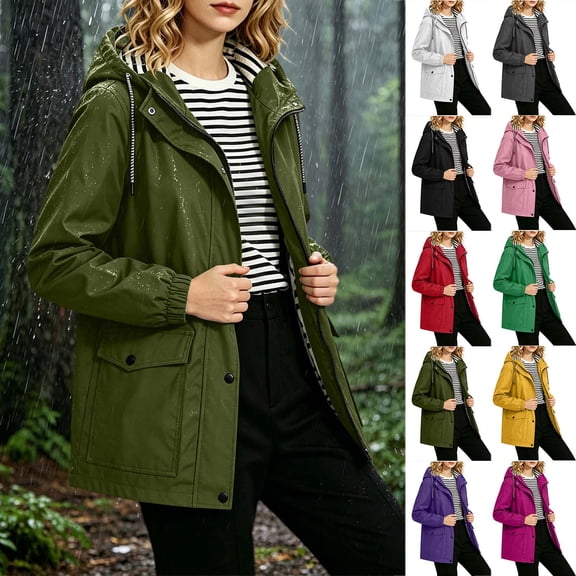 Chiccall Women's Plus Size Waterproof Windbreaker Rain Jacket Striped Lined Drawstring Hood Full Zip Snap Front Long Sleeve Hiking Outdoor Sports Coat Outerwear