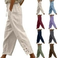 thumbnail image 6 of Diufon Womens Boho Pants Linen Palazzo Pants Summer Casual Wide Leg Drawstring Lace Trim Pants with Pockets, 6 of 6