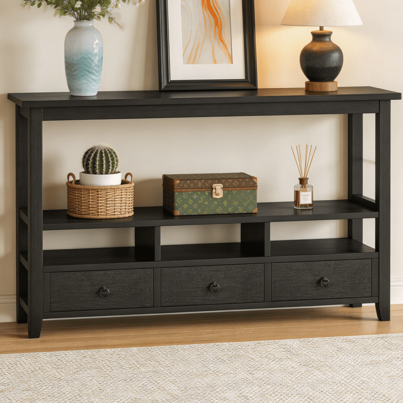 Ktaxon 58"  Mid-Century Console Table with 3 Drawers, Sofa Table Entryway Table Living Room Storage Table with 4 Shelves for Hallway, Entry, Foyer, Office, Black