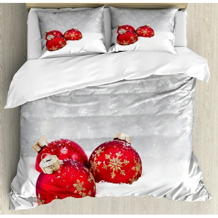 Christmas Duvet Cover Set Xmas Baubles On Snow With Snowflakes