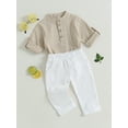 thumbnail image 3 of Hirigin Toddler Baby Boy Clothes Solid Color Cotton Linen Short Sleeve Henley Shirts and Long Pants 2Pcs Summer Outfits Set, 3 of 8