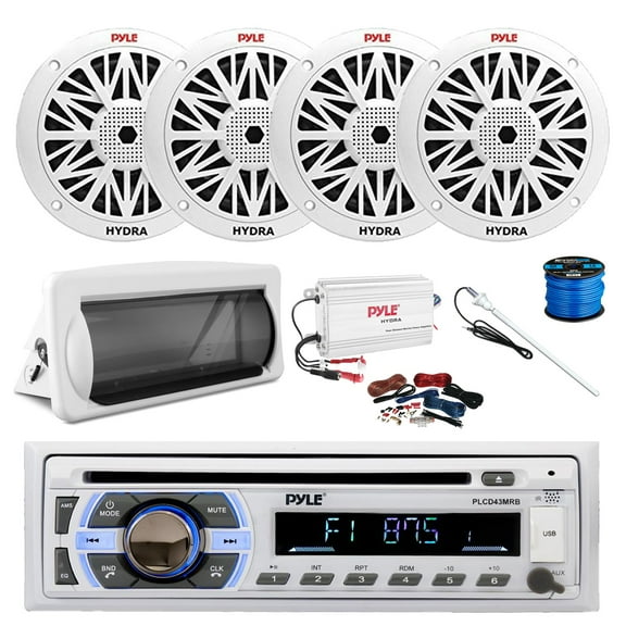 Pyle PLCD43MRB Marine Single DIN Bluetooth CD Stereo Receiver, Slide-Up Cover, 4-Channel Amplifier w/Kit, 4x 6.5" 200 Watt Peak Full Range 2-Way Waterproof Speakers w/Wire, Long Range Radio Antenna