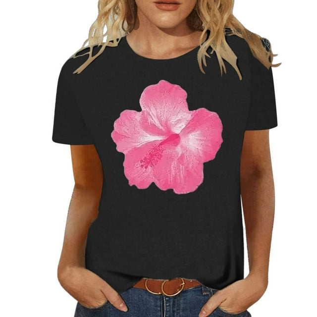 LUOGENLI T-shirts pour Femmes Mode Décontractée Chemises Imprimées Col Rond Manches Courtes Tee Tops Tunique Blouse T-shirts Graphiques Vêtements d'Été Pêche Noir TG