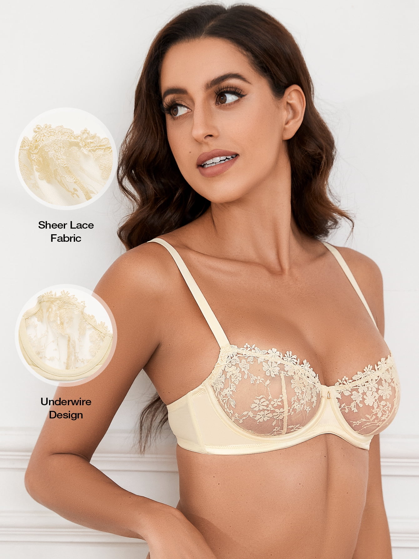 Wingslove Women's Sexy Lace Sheer Bra Demi Mesh Balconette See Through Unlined Underwire with Silicone Nipple, Nude 36C