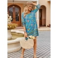thumbnail image 5 of Women Casual Beach Summer Dress Boho Tassel Tie Neck 3/4 Long Sleeve Short Floral Print Flowy Cover Up Sundresses Blue S, 5 of 6