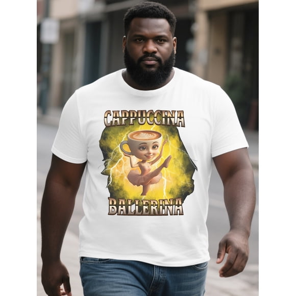 Plus Size Cappuccina Ballerina Graphic T Shirt Casual Black Tee with Dancing Tea Cup Design