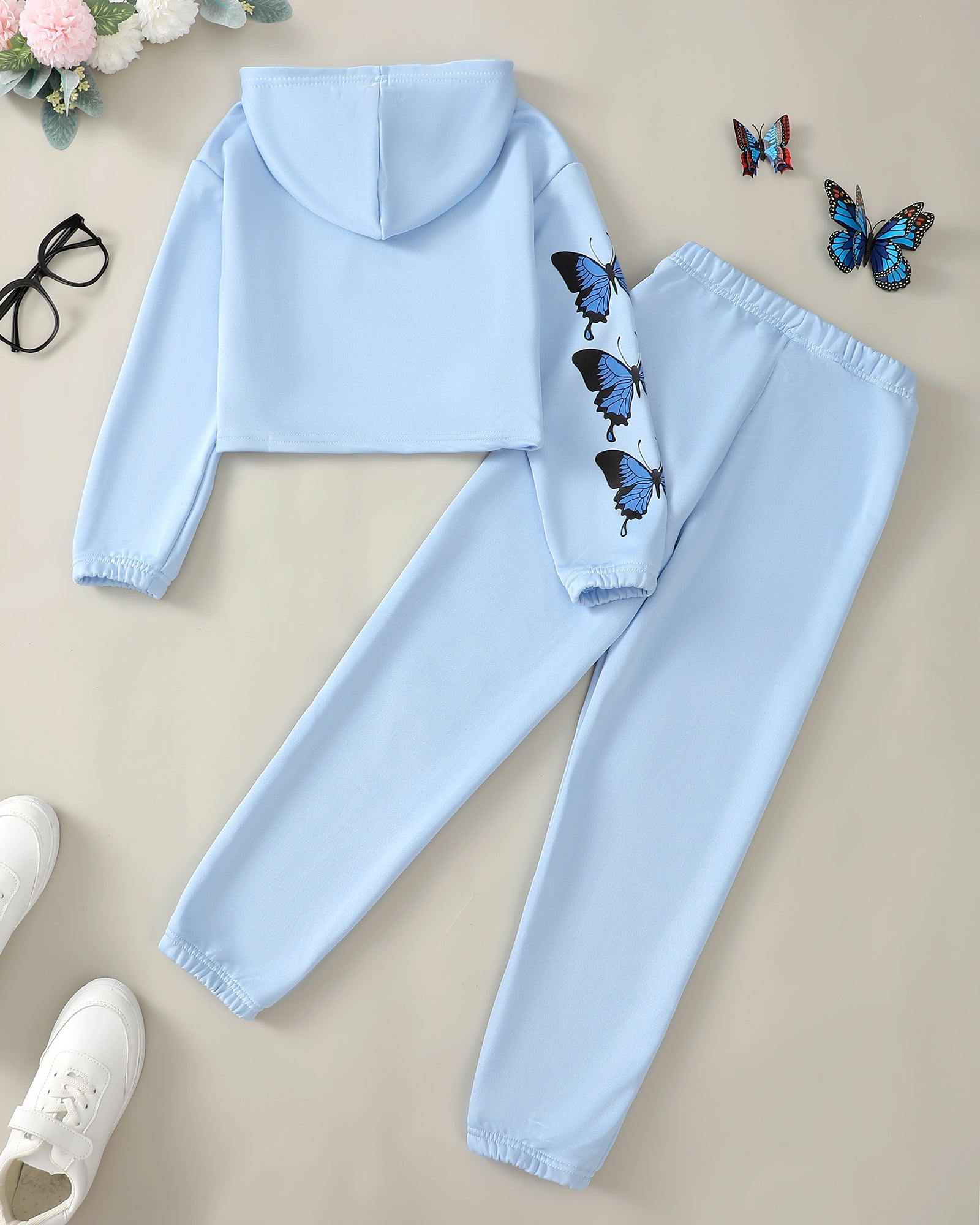 Kucnuzki 9 Years Big Girls Winter Outfits 10 Years Big Girls Warm Clothing Sets Long Sleeves Pullover Hoodie Sweatshirt Butterfly Hooded Top Elastic Pants 2pcs Pant Sets Blue