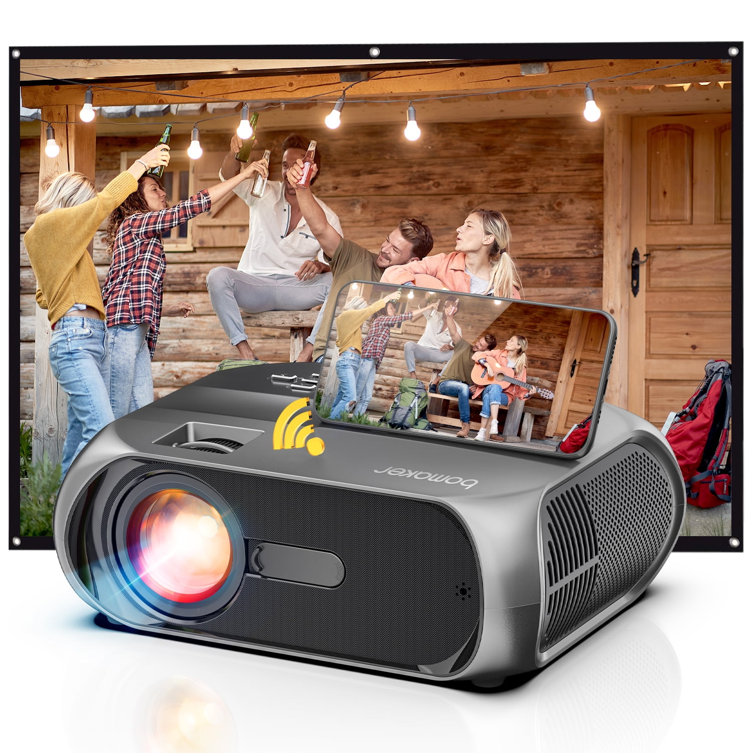 Bomaker 2021 Upgraded HD 1080P Projector 100 Outdoor Projector Screen Included Portable Outdoor Movie Projector Compatible with Phone Video Games Movies Outdoor Home Theater Bluetooth Projector TV Stick H Mini Portable Wireless WiFi Projector PS4 