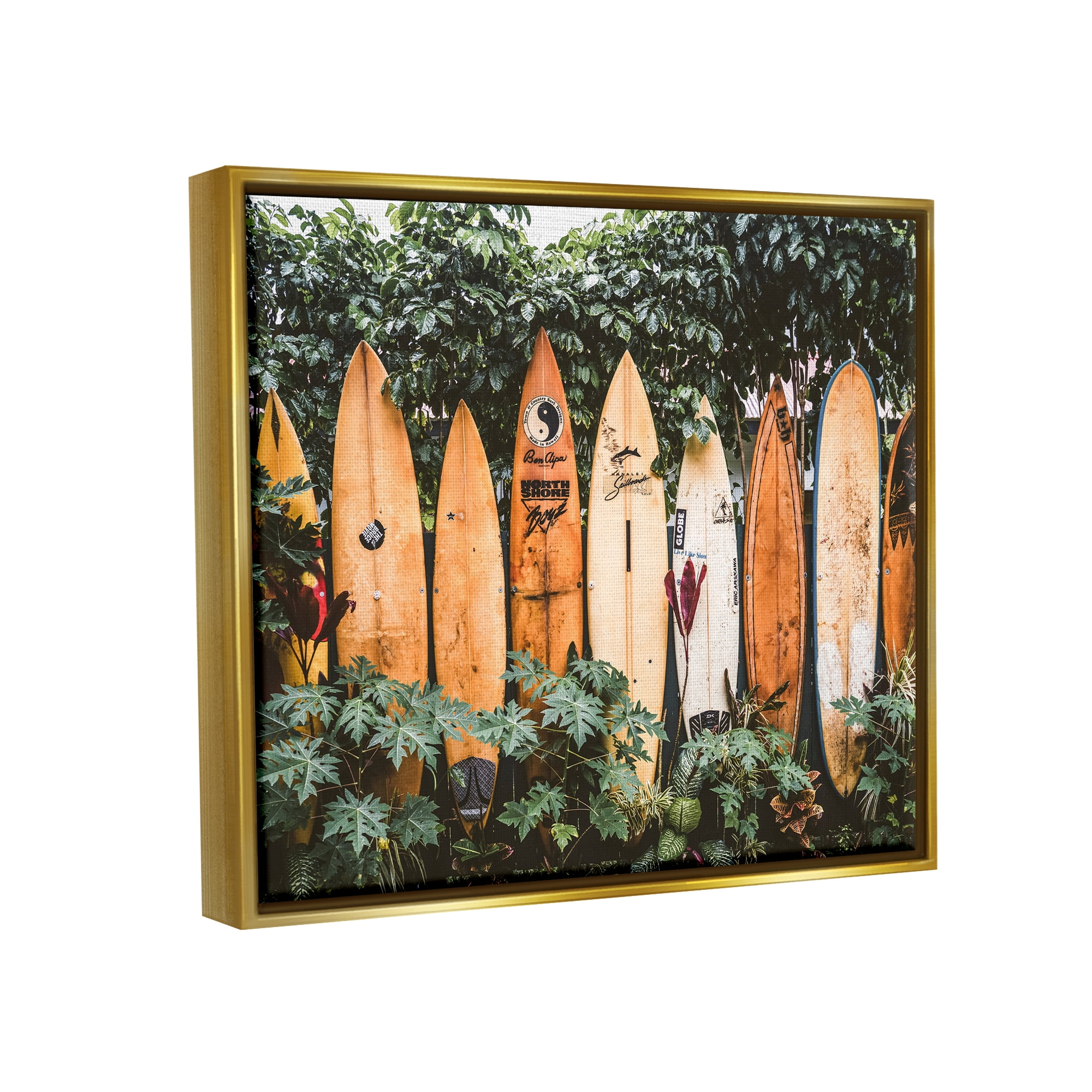 Stupell Industries Surf Boards in Nature Sports Photography Gold Floater Framed Canvas Art Print Wall Art, 21 x 17