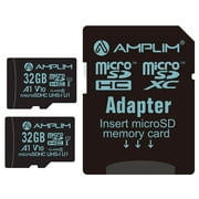 32GB MicroSD Card, Amplim 2 Pack Micro SD Memory Plus Adapter, Extreme High Speed MicroSDHC Class 10 UHS-I U1 V10 TF Nintendo-Switch, GoPro Hero, Raspberry Pi, Phone Galaxy, Camera Cam, Tablet, PC