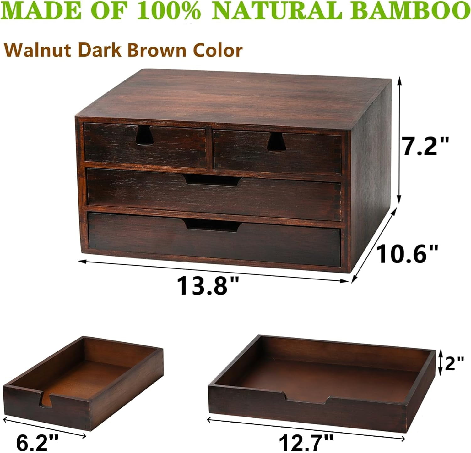 Bamboo Desk Organizer, 100% Natural Bamboo Desktop Drawer Organizer, Dark Brown Tabletop Storage Cabinet Organization Box with 4 Drawer for Makeup, Letter, Home, 3 Layer, Fully Assemble