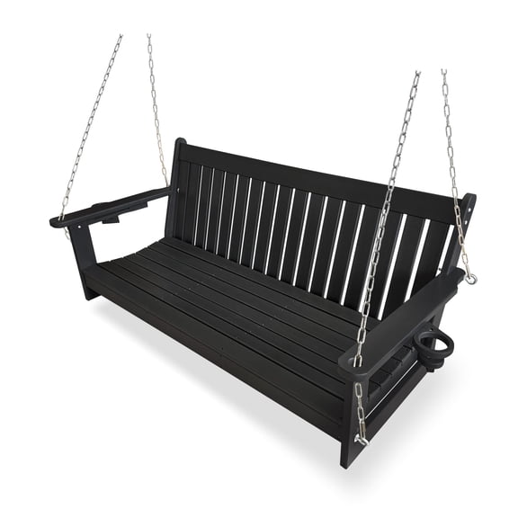 HDPE 3-Seater Porch Swing, 5-ft Bench Swing with Foldable Cup Holders,18/8 Stainless Steel Hardware, High Backrest and Deep Contoured Seat (Black, 5-feet)