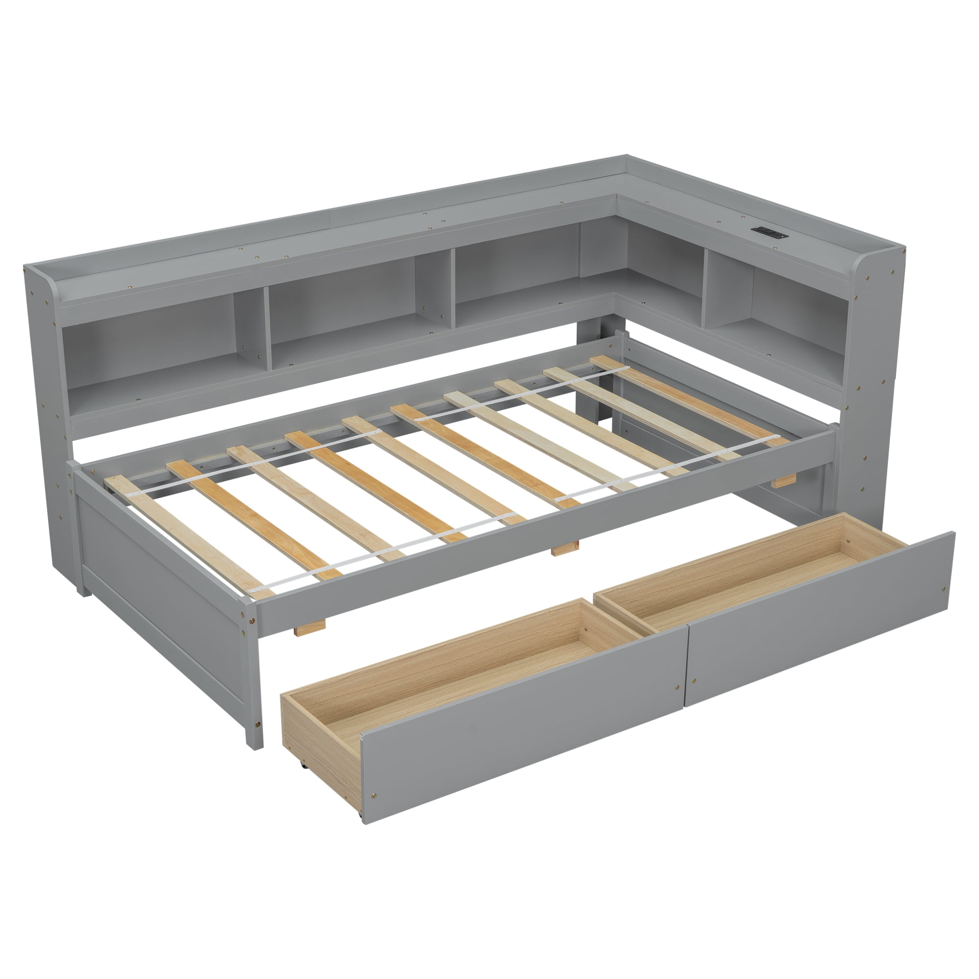 Leumius Twin Size L-shaped Bookcases Bed with Power Outlets, USB Charging Ports,Two Drawers,Grey