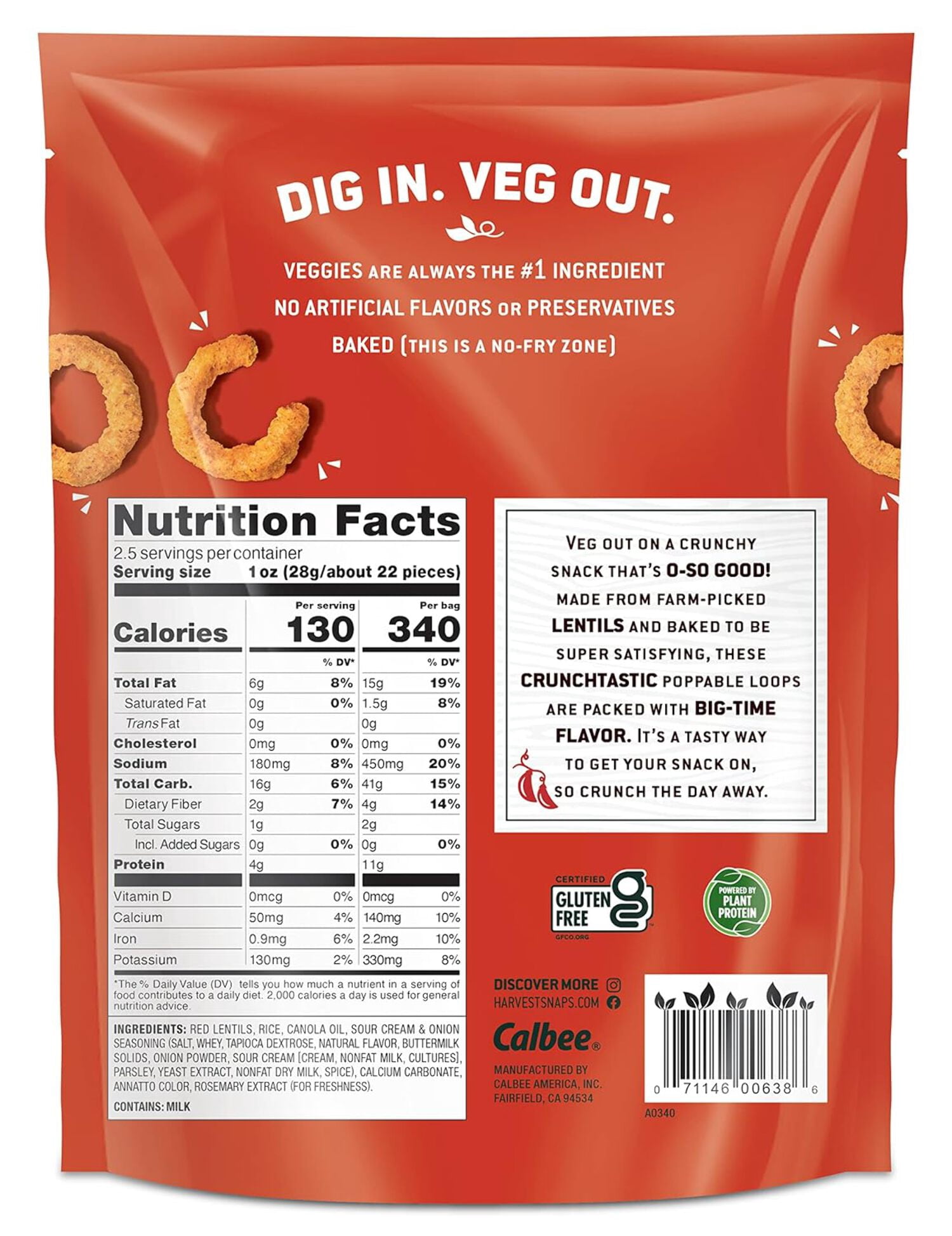 Harvest Snaps Crunchy Loops Sour Cream & Onion 2.5 oz. Bag - 8 Pack