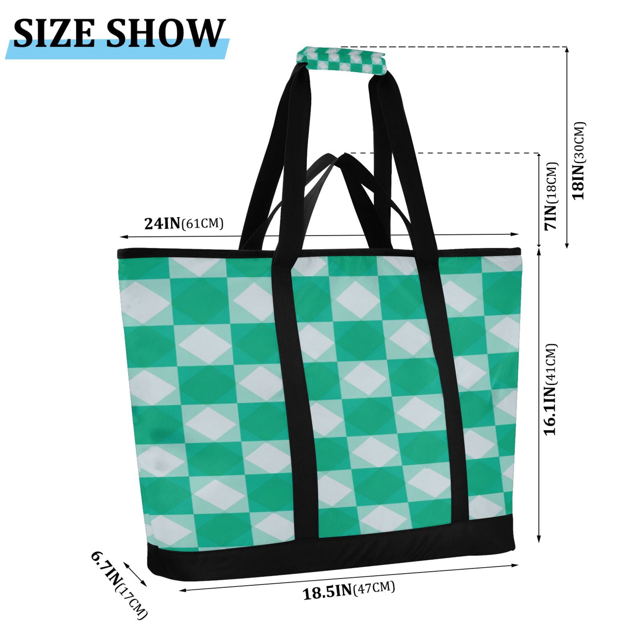 Extra-Large Wide Opening Design Capacity Hand-Held Ice Pack Thickened Insulation Layer For Long-Lasting Cold Retention For Outdoor Shopping Picnics And Camping Emerald Green Squares