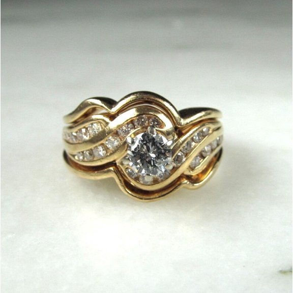 Bluebelljewels 14K Yellow Gold Plated CZ Wedding Engagement Bridal Ring Set